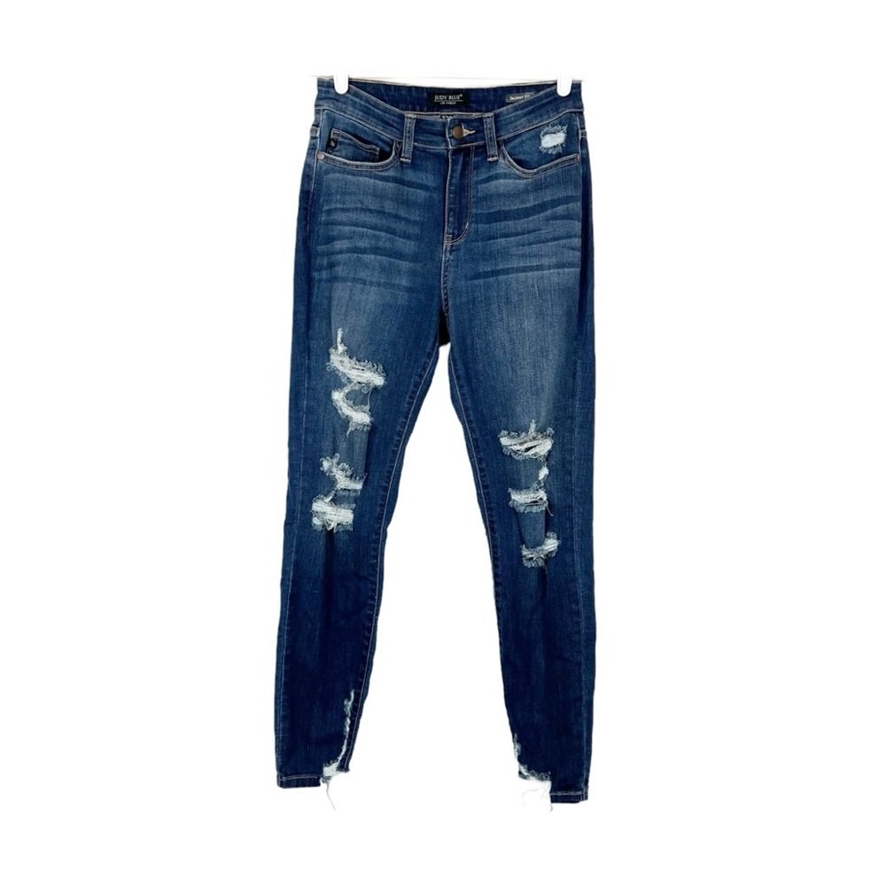 Judy Blue Skinny Fit Dark Blue Distressed Ripped Raw Hem Stretch Jeans Size 7/28